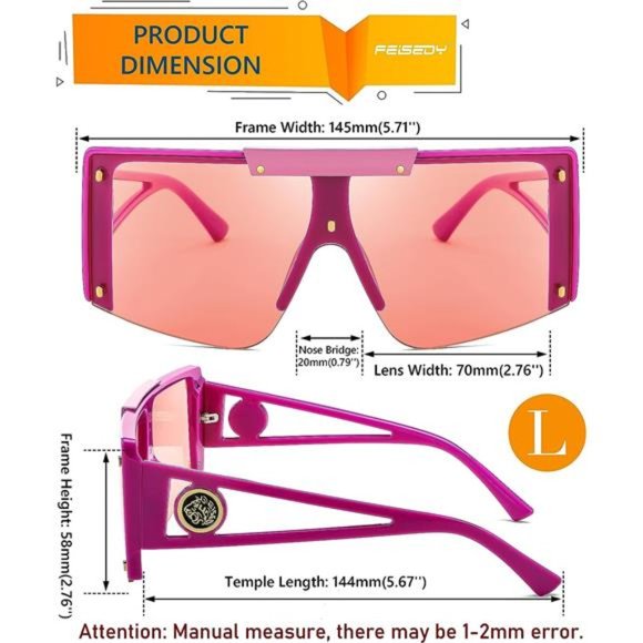 Women Pink Oversized Sunglasses, Square Flat Top Shield Shades